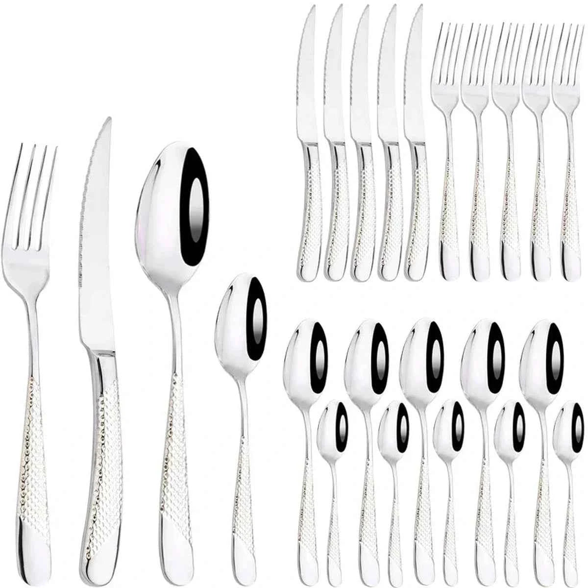 Service de 24 couverts en acier inoxydable argenté : ensemble complet pour 6 personnes avec couteaux, fourchettes et cuillères au fini miroir et manches ciselés