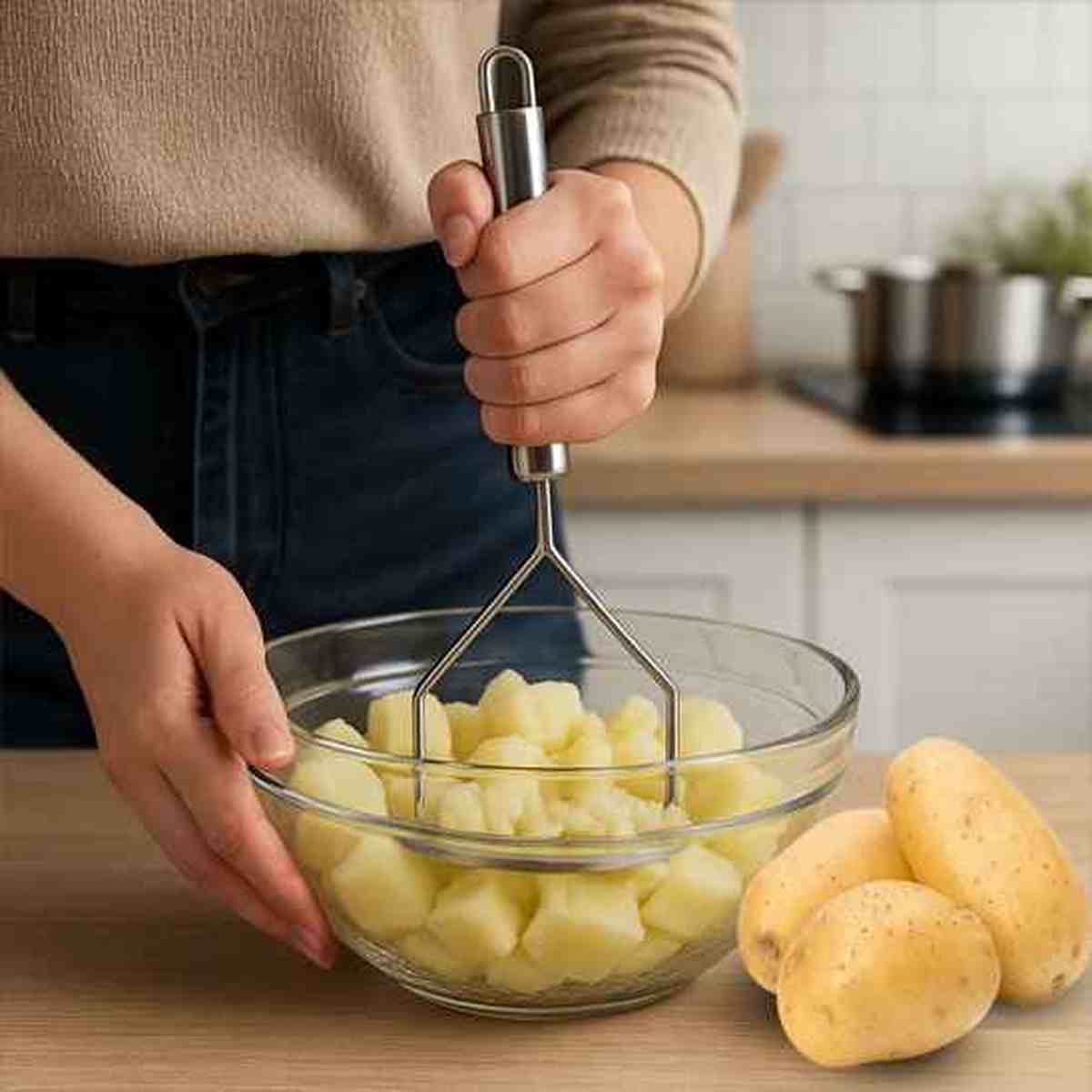 Personne utilisant le presse-purée en acier inoxydable ultra résistant pour préparer une purée onctueuse dans un bol en verre