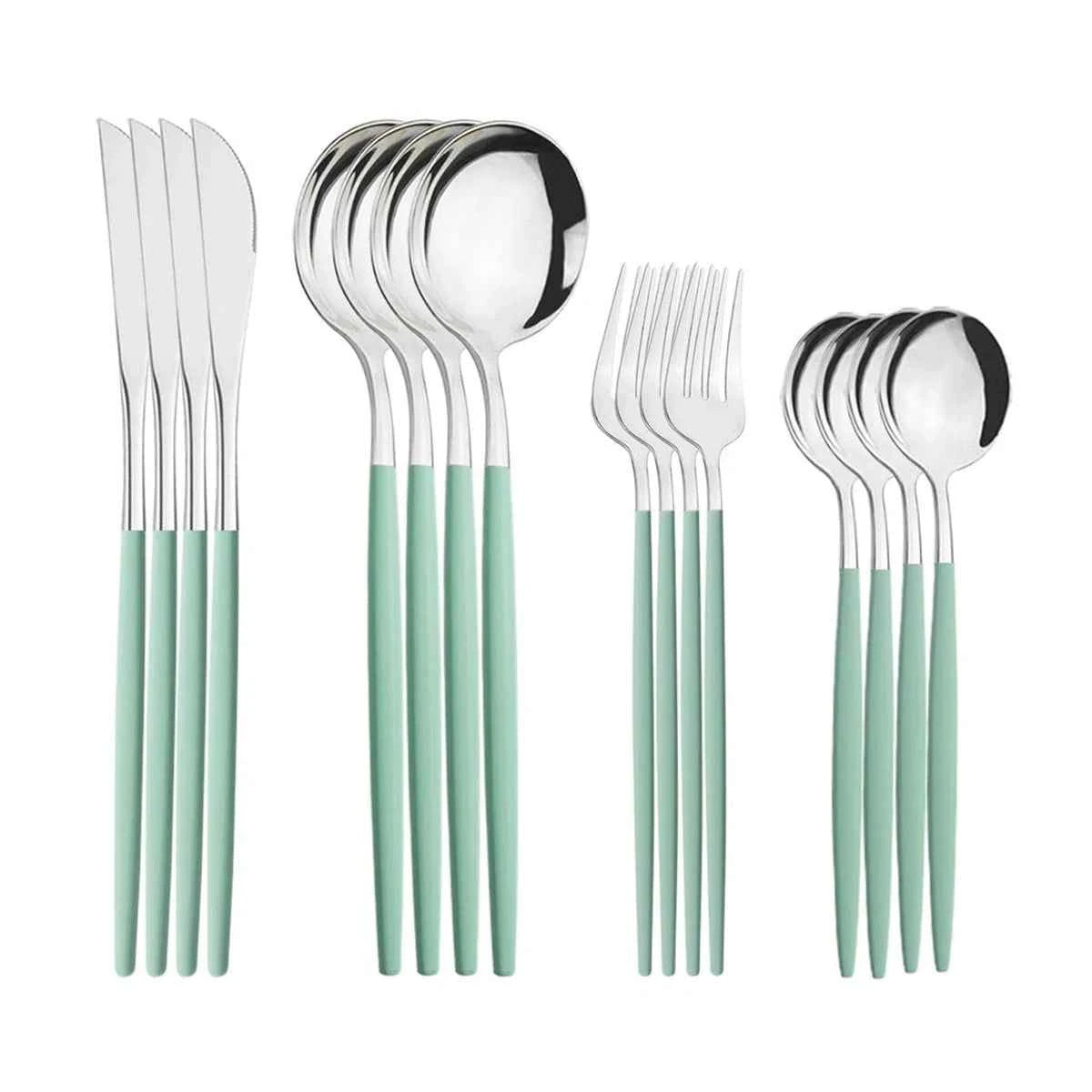 Set de 16 couverts modernes en acier inoxydable avec manches vert menthe mats, comprenant couteau, fourchette, cuillère à soupe et cuillère à dessert