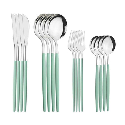 Set de 16 couverts modernes en acier inoxydable avec manches vert menthe mats, comprenant couteau, fourchette, cuillère à soupe et cuillère à dessert