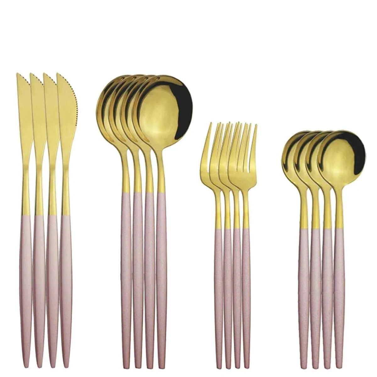 Ensemble complet de 16 couverts Pink Gold (Rose et Or) en acier inoxydable, présentés par types d'ustensiles : couteaux, cuillères à soupe, fourchettes et cuillères à café.