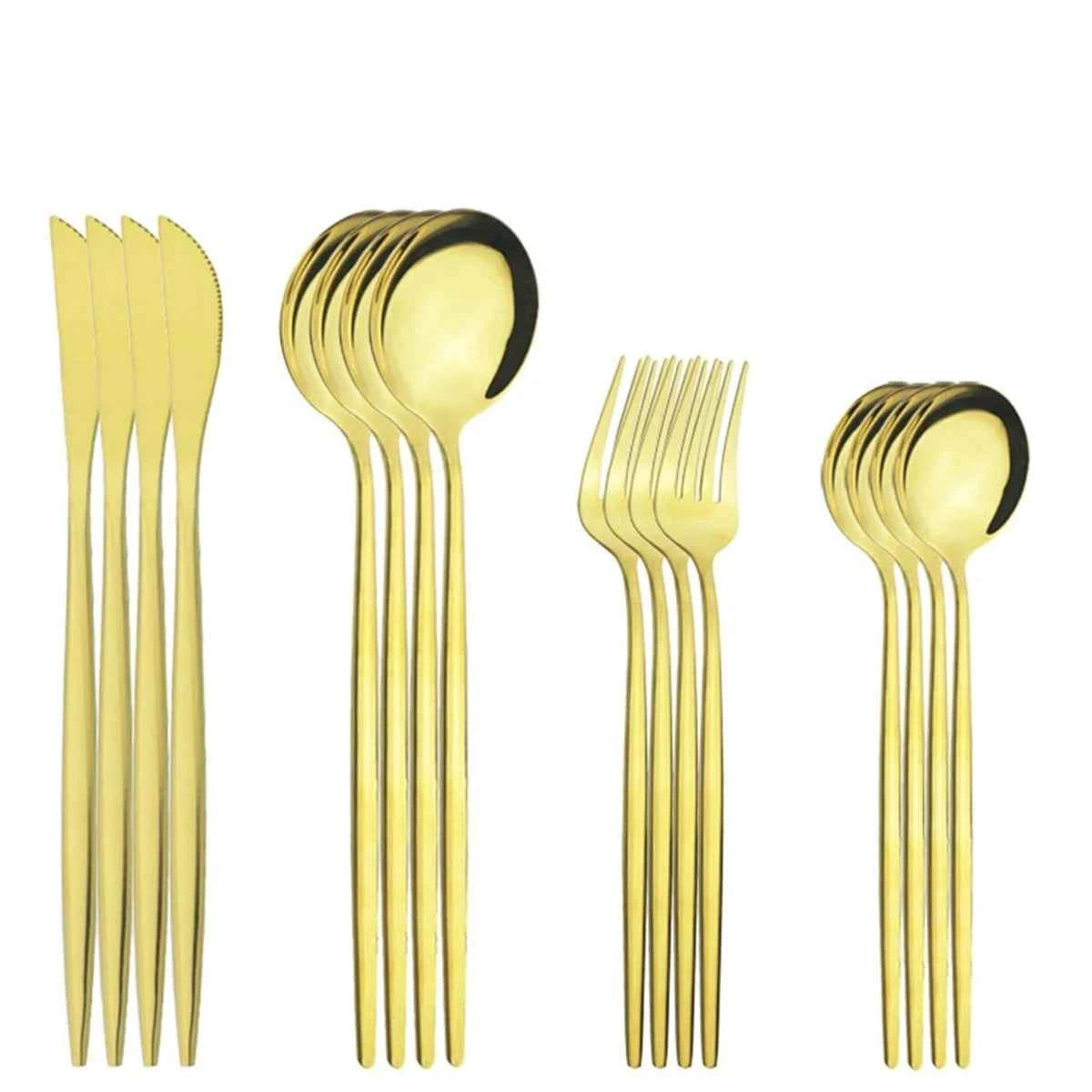 Ménagère complète de 16 couverts en acier inoxydable finition or brillant, incluant les couteaux, fourchettes et cuillères présentés sur fond blanc