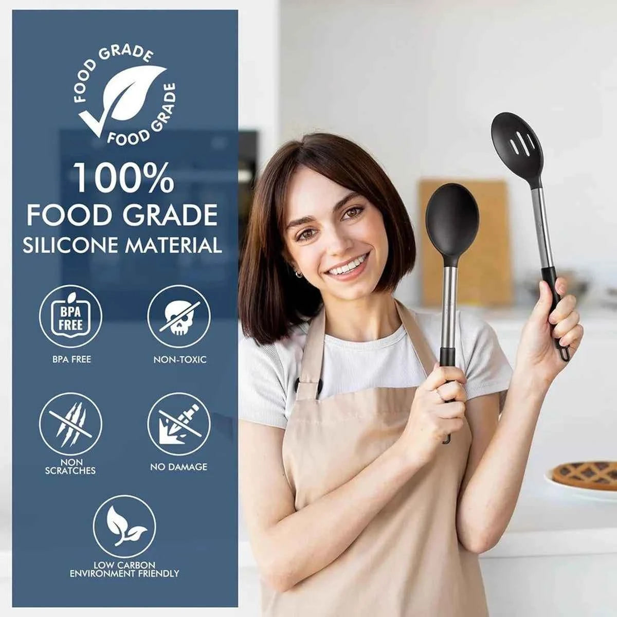 Certification alimentaire pour set d'ustensiles en silicone sans BPA et non toxique, illustrée par une femme tenant une cuillère et une passoire noire.