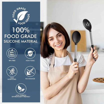 Certification alimentaire pour set d'ustensiles en silicone sans BPA et non toxique, illustrée par une femme tenant une cuillère et une passoire noire.