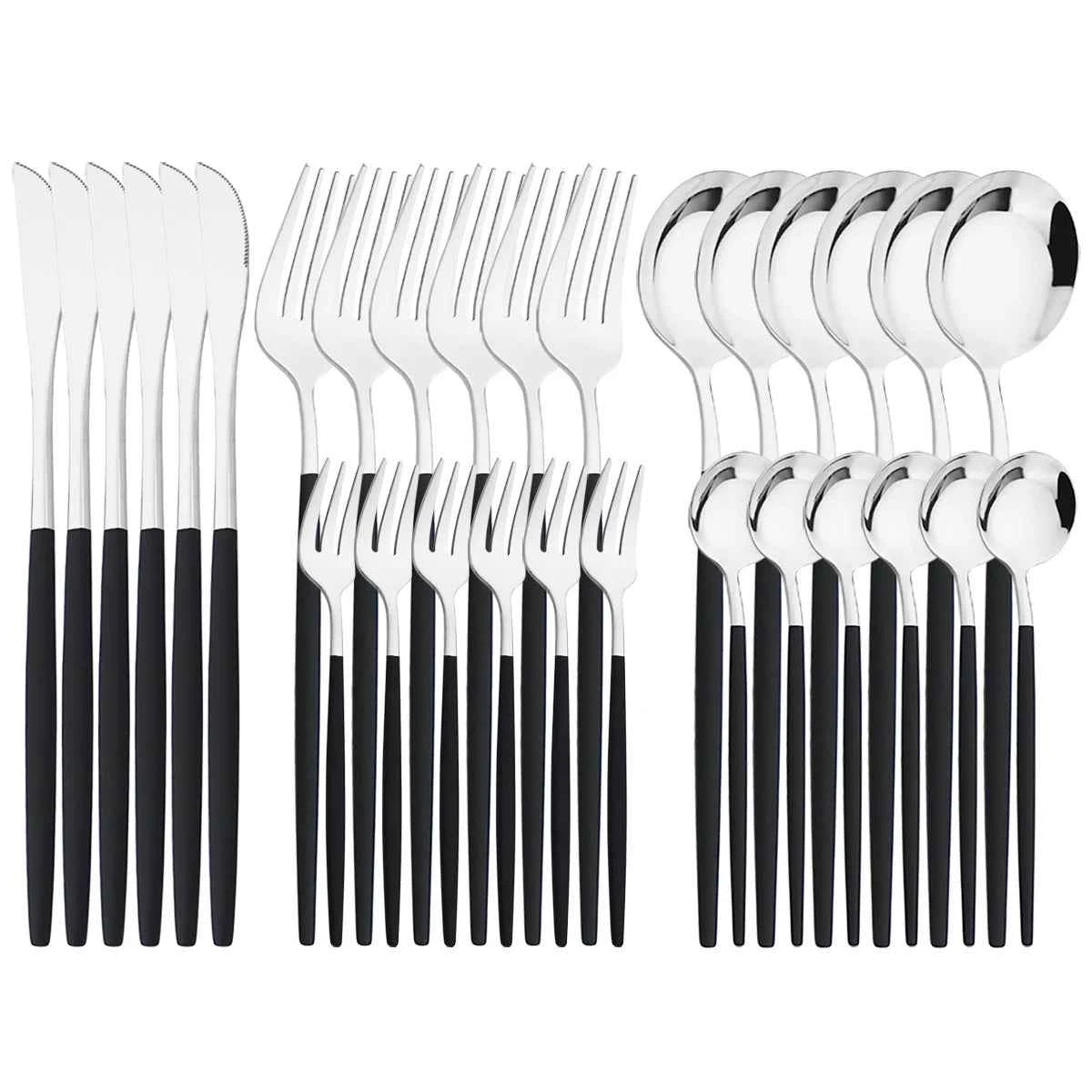 Ménagère complète de 30 couverts en acier inoxydable noir et argent : couteaux, fourchettes et cuillères pour 6 personnes.