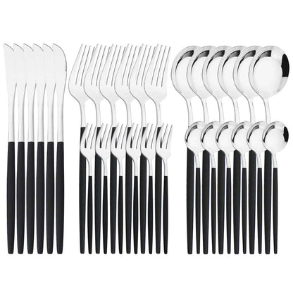 Ménagère complète de 30 couverts en acier inoxydable noir et argent : couteaux, fourchettes et cuillères pour 6 personnes.
