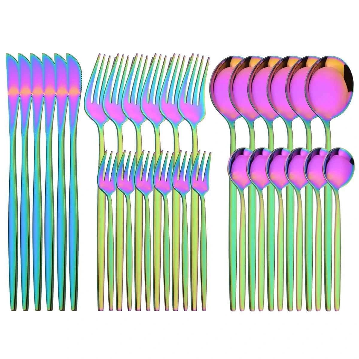 Couverts multicolores effet arc-en-ciel en inox, ensemble de 30 pièces original pour décoration de table
