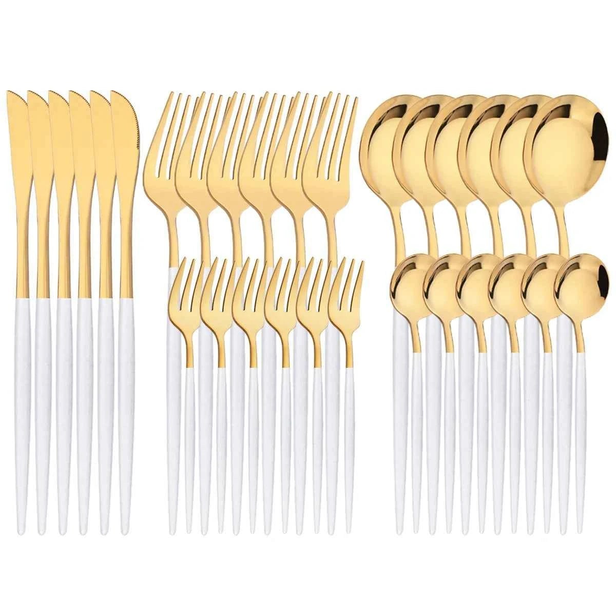 Ménagère 30 pièces bicolore or et blanc : ensemble de couverts de luxe en acier inoxydable avec finition dorée brillante et manches blancs mats