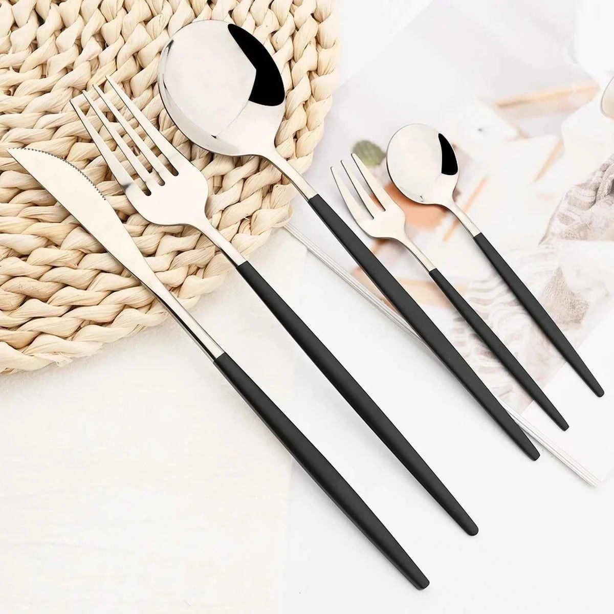 Set 30 Couverts Inox Noir Argenté - Fourchettes Couteaux Cuillères
