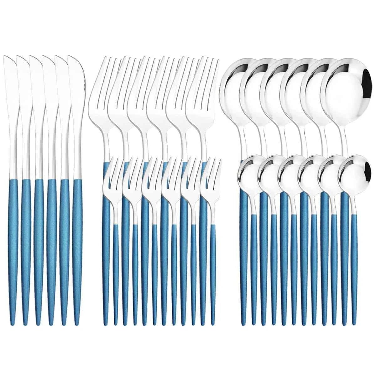 Ménagère 30 pièces bicolore argent et bleu : service de couverts en acier inoxydable avec finition argentée brillante et manches bleu mat