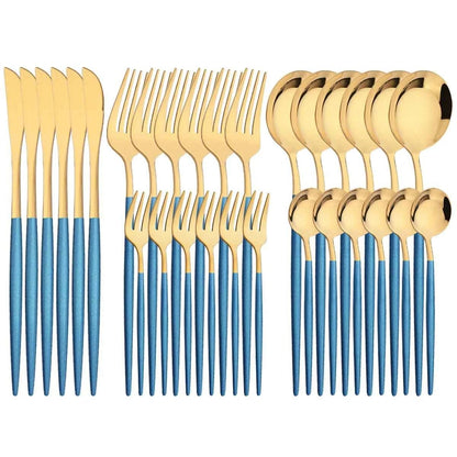 Ménagère 30 pièces bicolore or et bleu : ensemble de couverts en acier inoxydable avec têtes dorées brillantes et manches bleu royal mats.