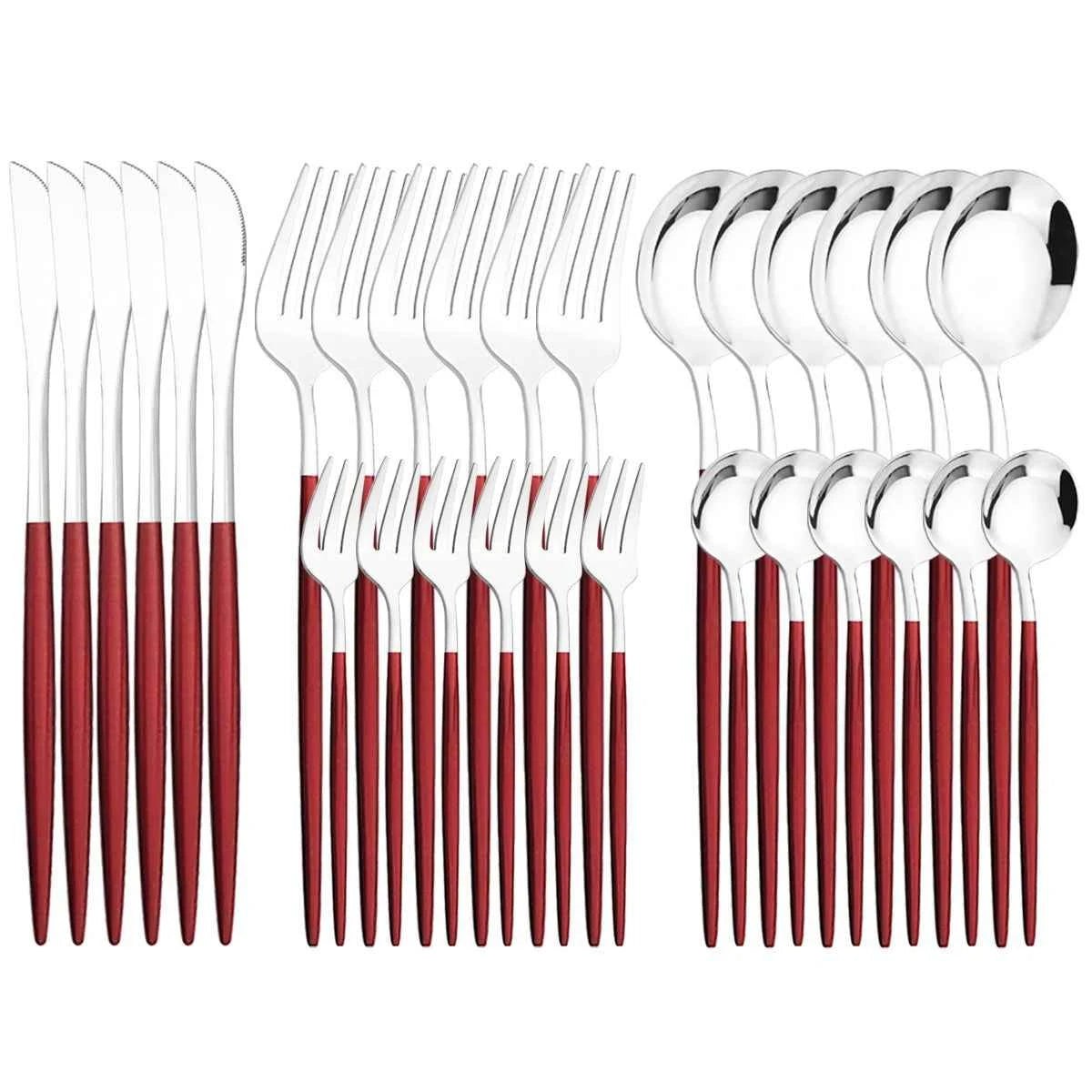 Ménagère 30 pièces bicolore argent et rouge : ensemble de couverts en acier inoxydable avec finition poli miroir et manches rouge mat."