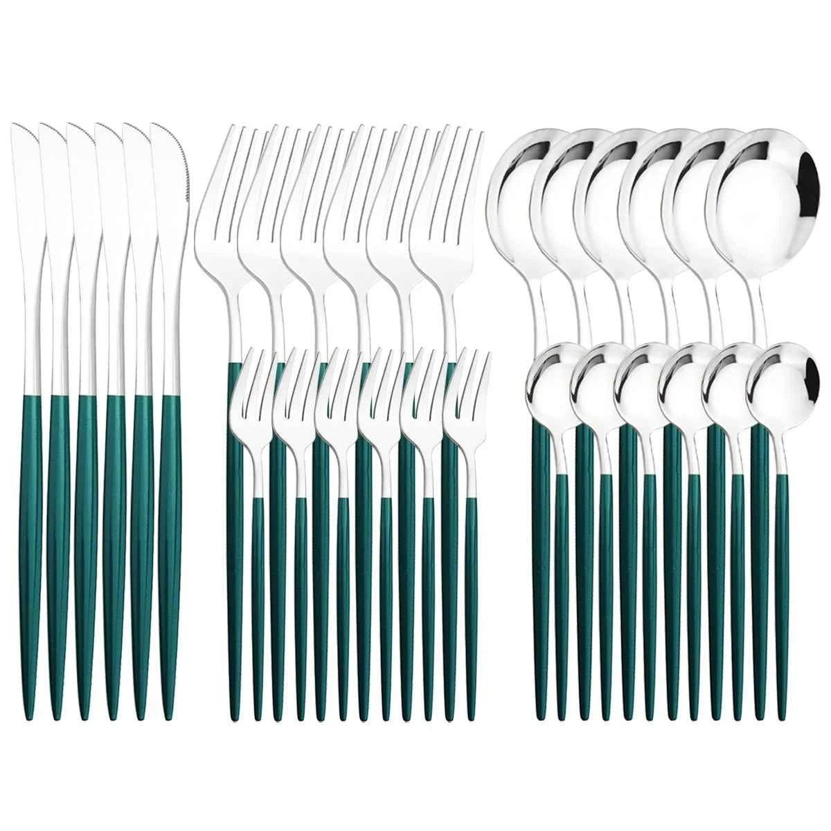 Ménagère 30 pièces bicolore argent et vert sapin : ensemble de couverts en acier inoxydable avec finition miroir et manches vert émeraude mats.