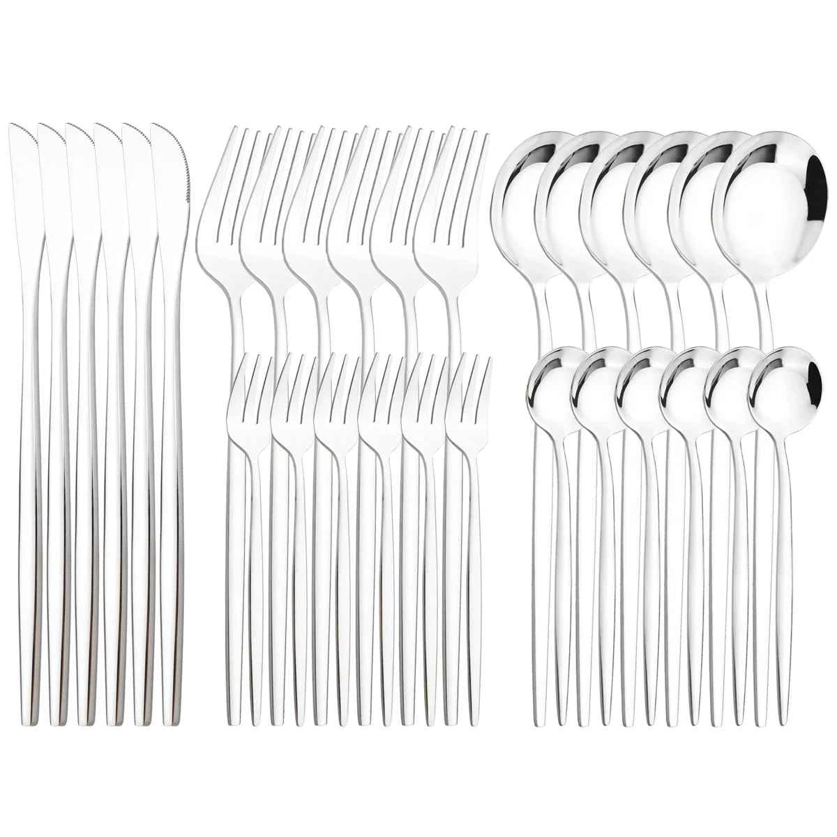 Ménagère complète 30 pièces en acier inoxydable argenté : service de table classique poli miroir comprenant couteaux, fourchettes et cuillères.