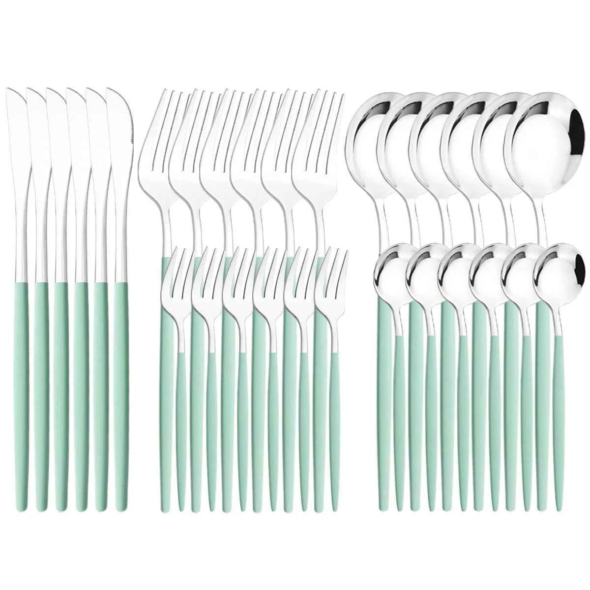 Ménagère 30 pièces bicolore argent et vert menthe : ensemble de couverts en acier inoxydable avec finition miroir et manches vert pastel mats