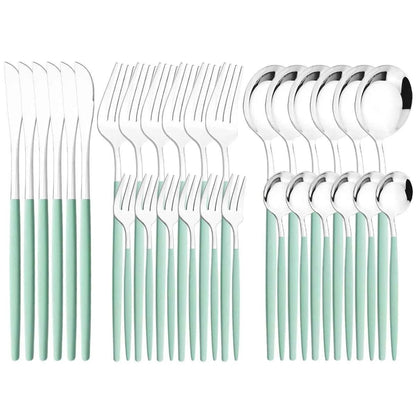 Ménagère 30 pièces bicolore argent et vert menthe : ensemble de couverts en acier inoxydable avec finition miroir et manches vert pastel mats
