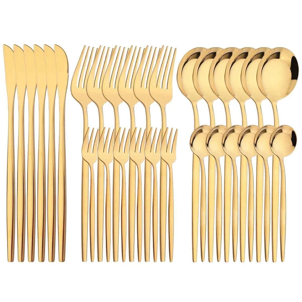 Ménagère 30 pièces entièrement dorée : ensemble complet de couverts en acier inoxydable finition or brillant, idéal pour une décoration de table festive et chic