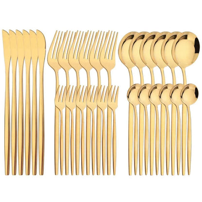 Ménagère 30 pièces entièrement dorée : ensemble complet de couverts en acier inoxydable finition or brillant, idéal pour une décoration de table festive et chic