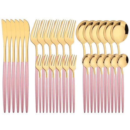 Ménagère 30 pièces bicolore or et rose : service complet en acier inoxydable avec couteaux, fourchettes et cuillères aux manches rose mat