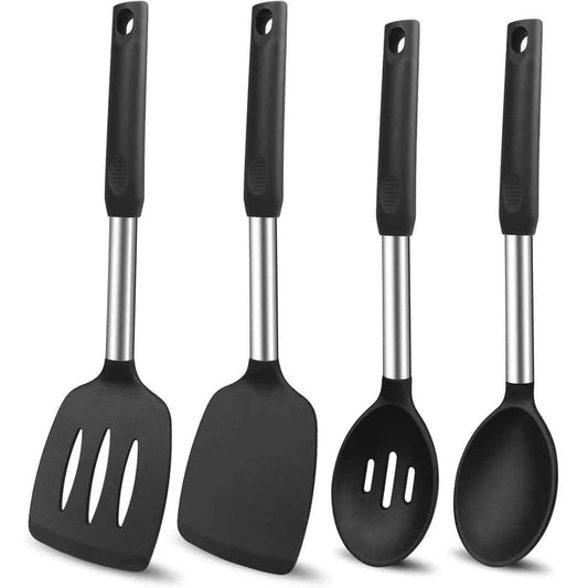 Set 4 Ustensiles Cuisine Silicone Inox - Spatules Écumoire Antiadhésif