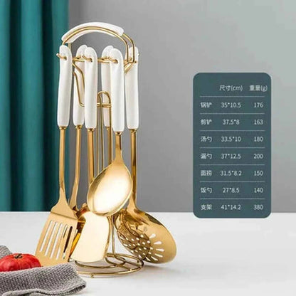 Set Ustensiles Cuisine 7pcs | Acier Inox Manche Céramique