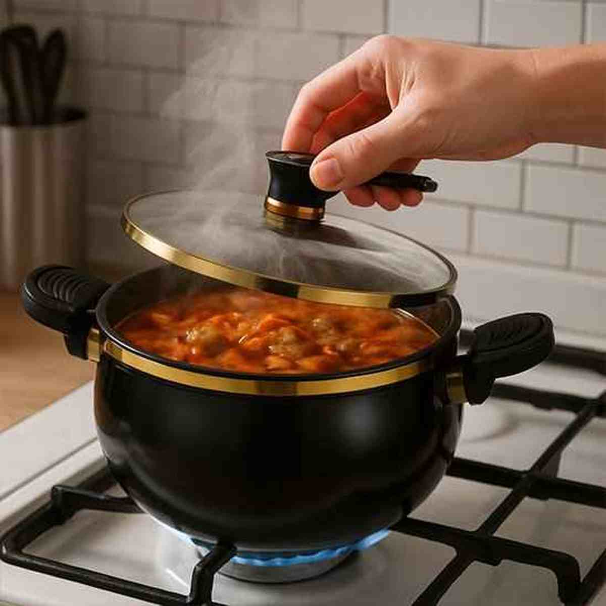 Main soulevant le couvercle en verre d'un autocuiseur noir sur une cuisinière à gaz, laissant échapper de la vapeur au-dessus de boulettes de viande en sauce