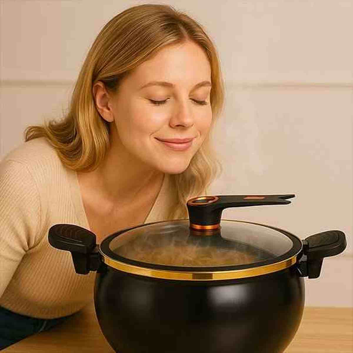 Femme souriante sentant l'arôme délicieux s'échappant de l'autocuiseur à micro-pression noir et doré pendant la cuisson.