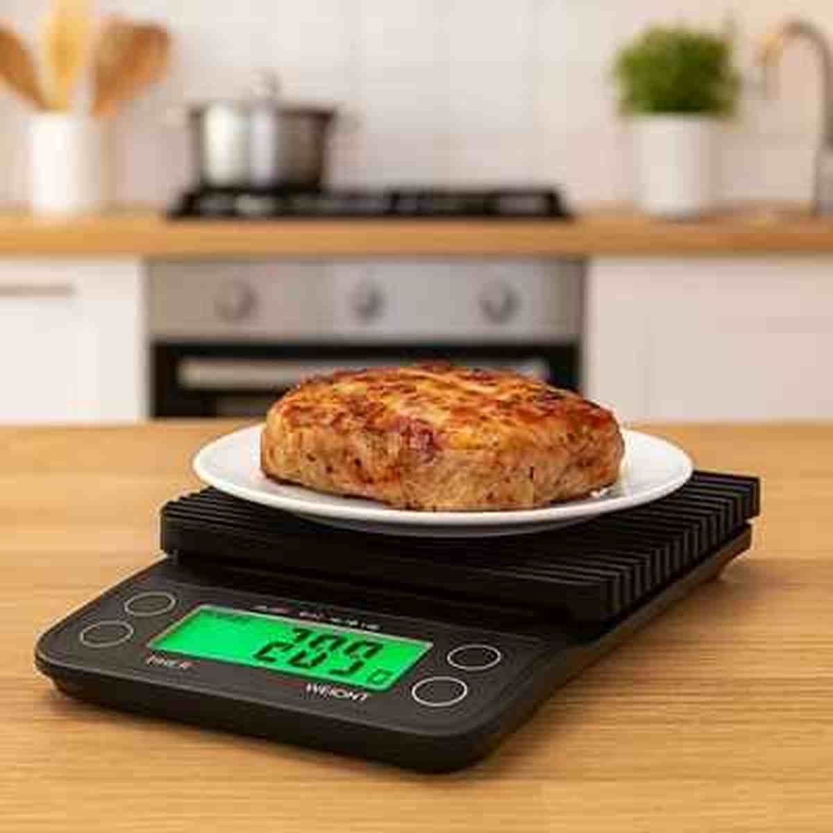 Assiette avec un steak de viande pesée sur la balance de cuisine Précision Gram, affichage 289g sur l'écran LCD vert.