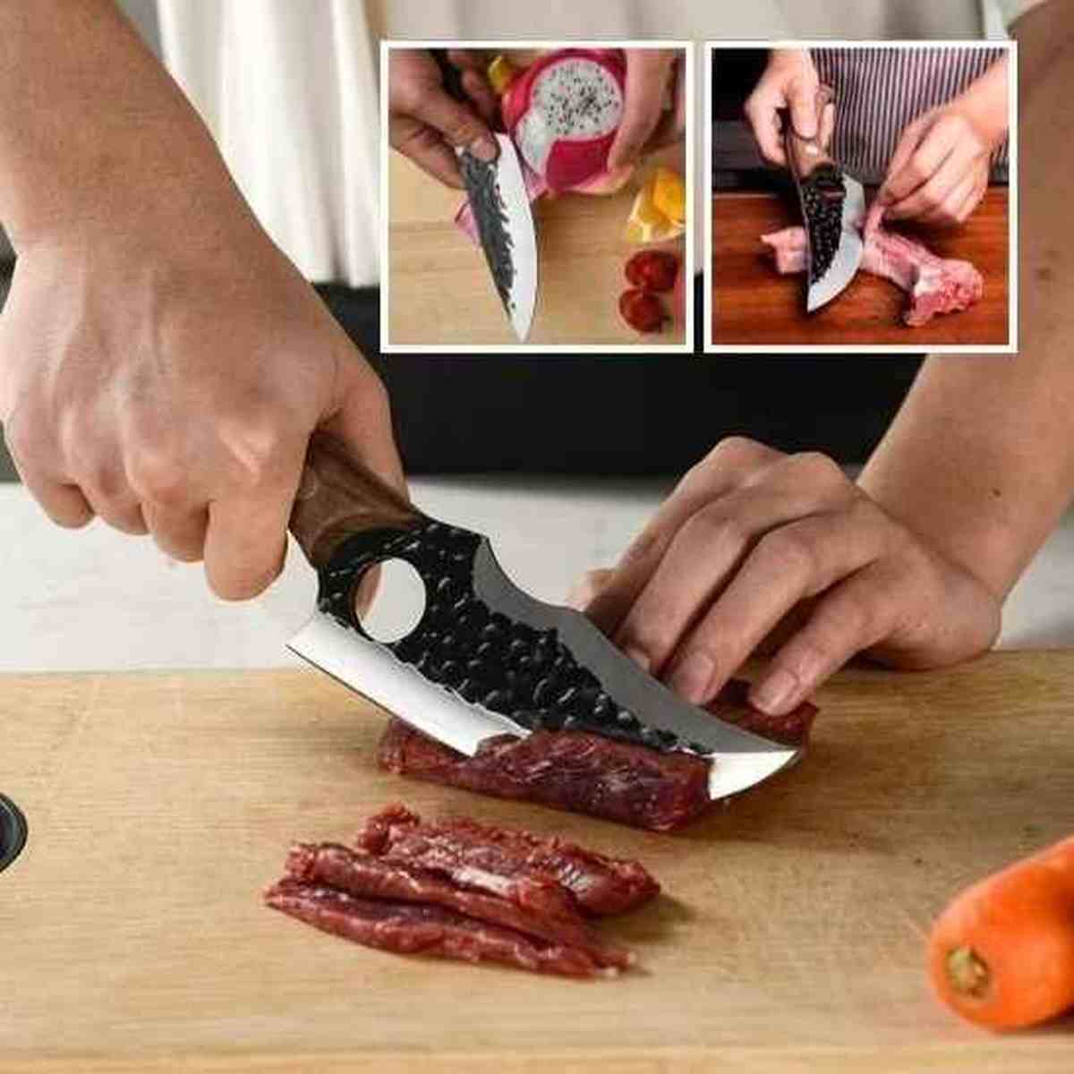 Couteau de chef professionnel Ultra-Cut tranchant une pièce de viande sur une planche en bois.