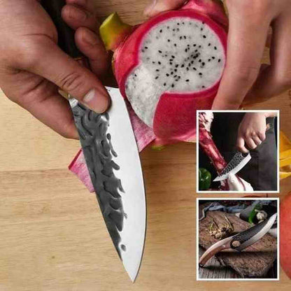 Couteau professionnel Ultra-Cut tranchant un fruit du dragon, avec vignettes illustrant la découpe de viande et de gingembre en extérieur.
