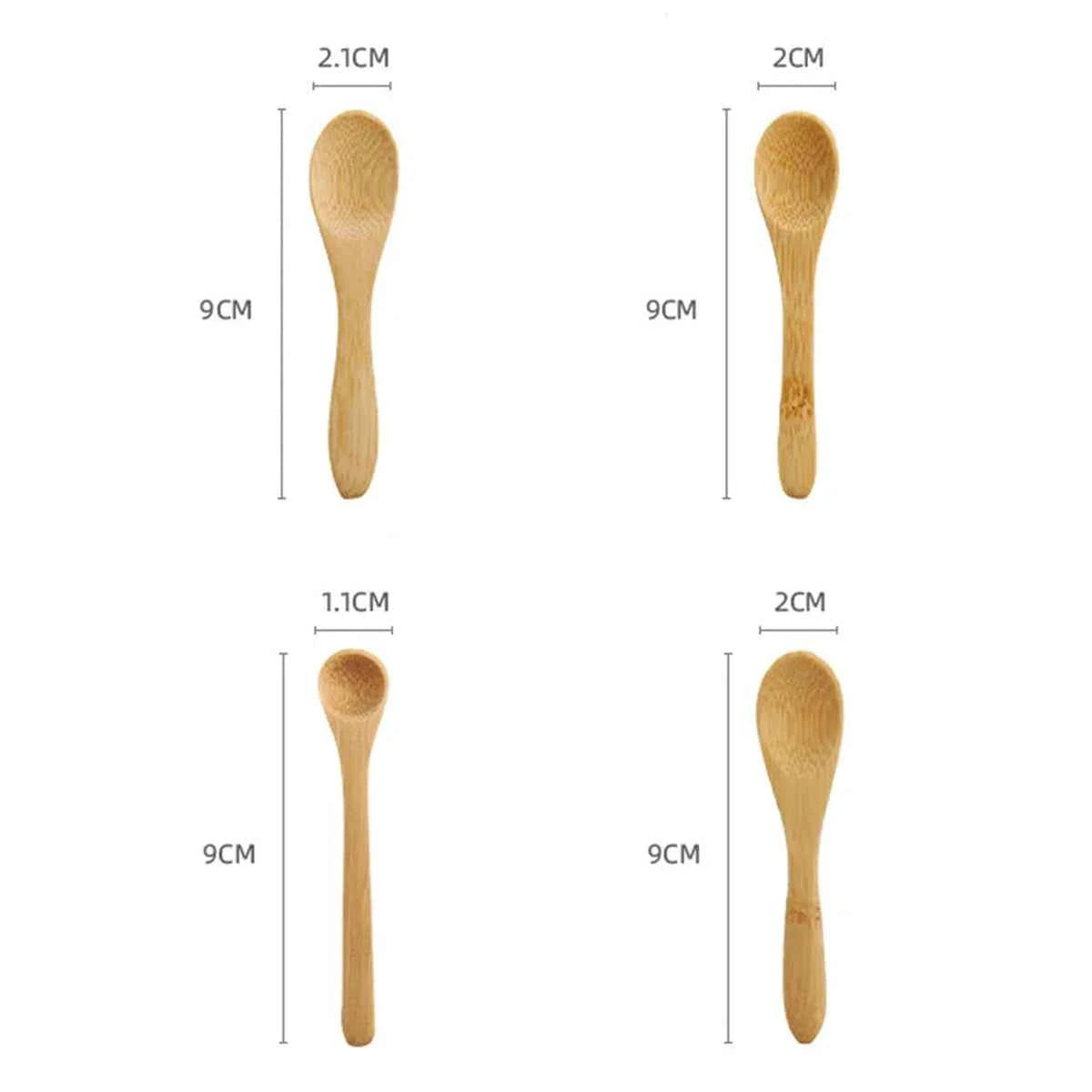 Schéma technique montrant les dimensions des petites cuillères en bambou : 9 cm de longueur totale avec différentes largeurs de tête (1,1 cm à 2,1 cm) selon le modèle