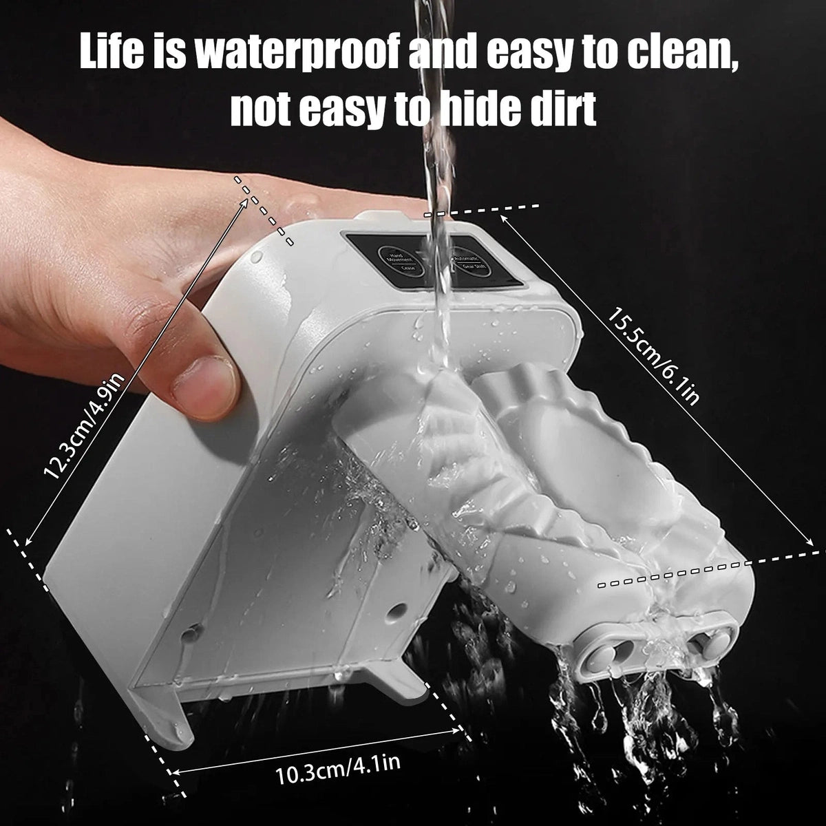 Schéma technique montrant les dimensions compactes (15,5cm) et la résistance à l'eau pour un nettoyage facile.