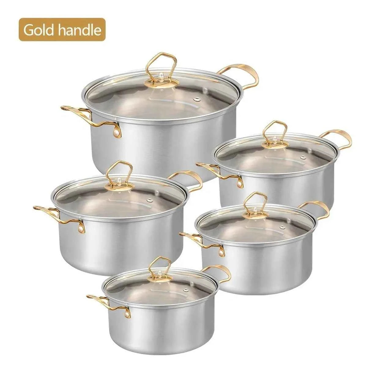 Batterie de cuisine de 10 pièces en acier inoxydable avec poignées et boutons de couvercle dorés, incluant 5 marmites et 5 couvercles en verre.