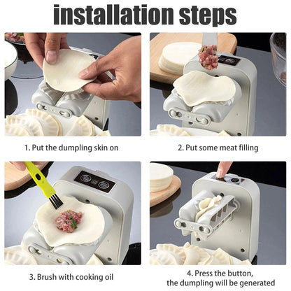 Guide d'utilisation en 4 étapes : installation de la pâte, ajout de la farce, humidification et scellage automatique