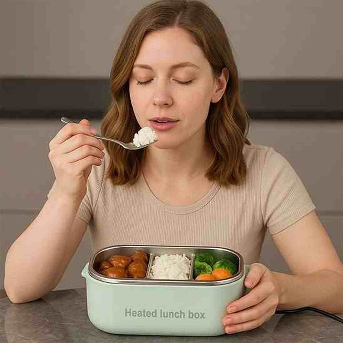 Femme dégustant un repas chaud fumant directement depuis sa lunch box électrique BureauGourmet, illustrant une pause déjeuner confortable.