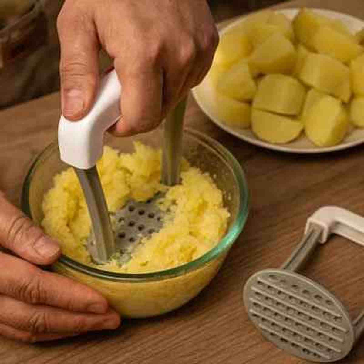 Démonstration du presse-purée ergonomique écrasant des pommes de terre et vue détaillée de la grille perforée en acier inoxydable