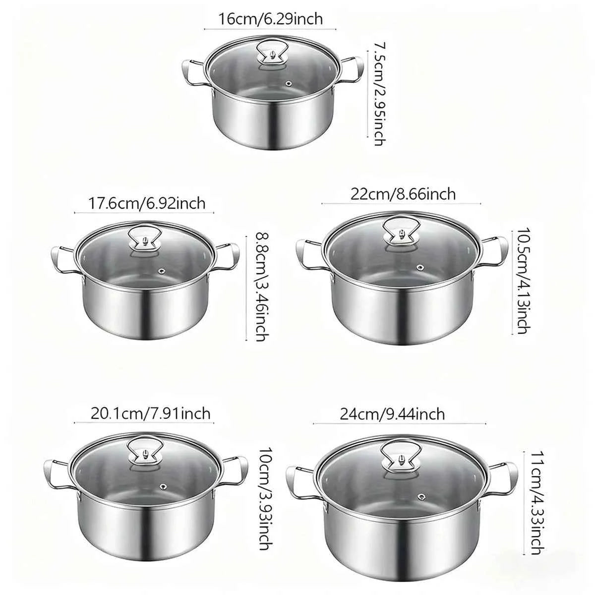 Schéma technique montrant les dimensions des 5 casseroles en inox : 16cm, 17.6cm, 20.1cm, 22cm et 24cm avec leurs hauteurs respectives.