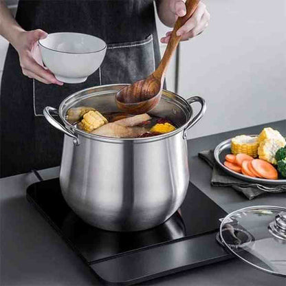 Marmite haute en acier inoxydable poli miroir avec couvercle, idéale pour les bouillons et la cuisine de restaurant.