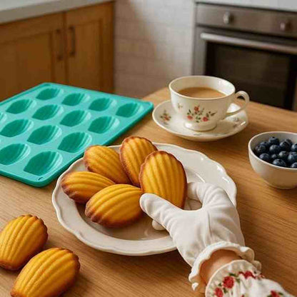 Moule à madeleines en silicone turquoise avec 12 empreintes, à côté de madeleines dorées tout juste sorties du four, illustrant une cuisson uniforme.