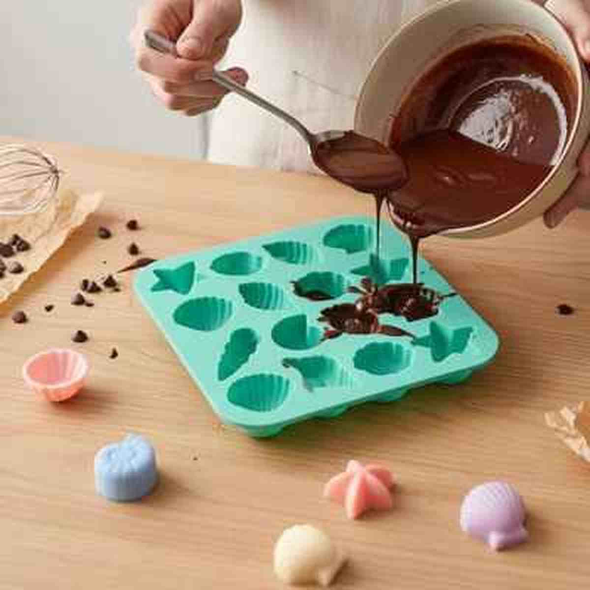 Remplissage du moule en silicone turquoise avec du chocolat fondu, montrant les détails des empreintes en forme de coquillages et d'étoiles de mer.