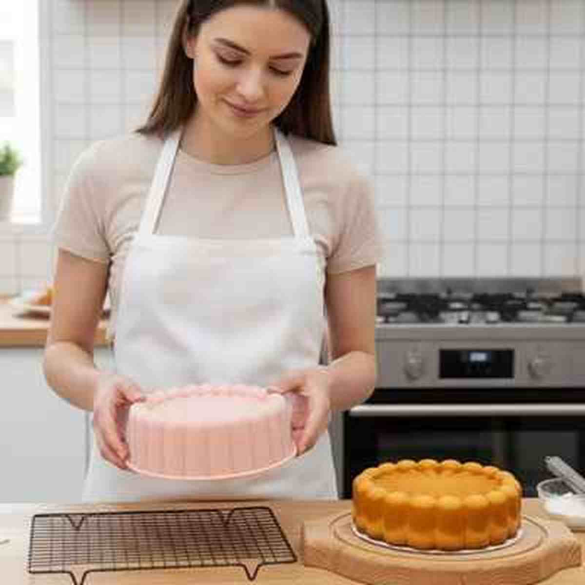 Gâteau parfaitement démoulé avec ses bords cannelés à côté du moule en silicone rose FlexiPâtissier, illustrant la qualité antiadhésive professionnelle.