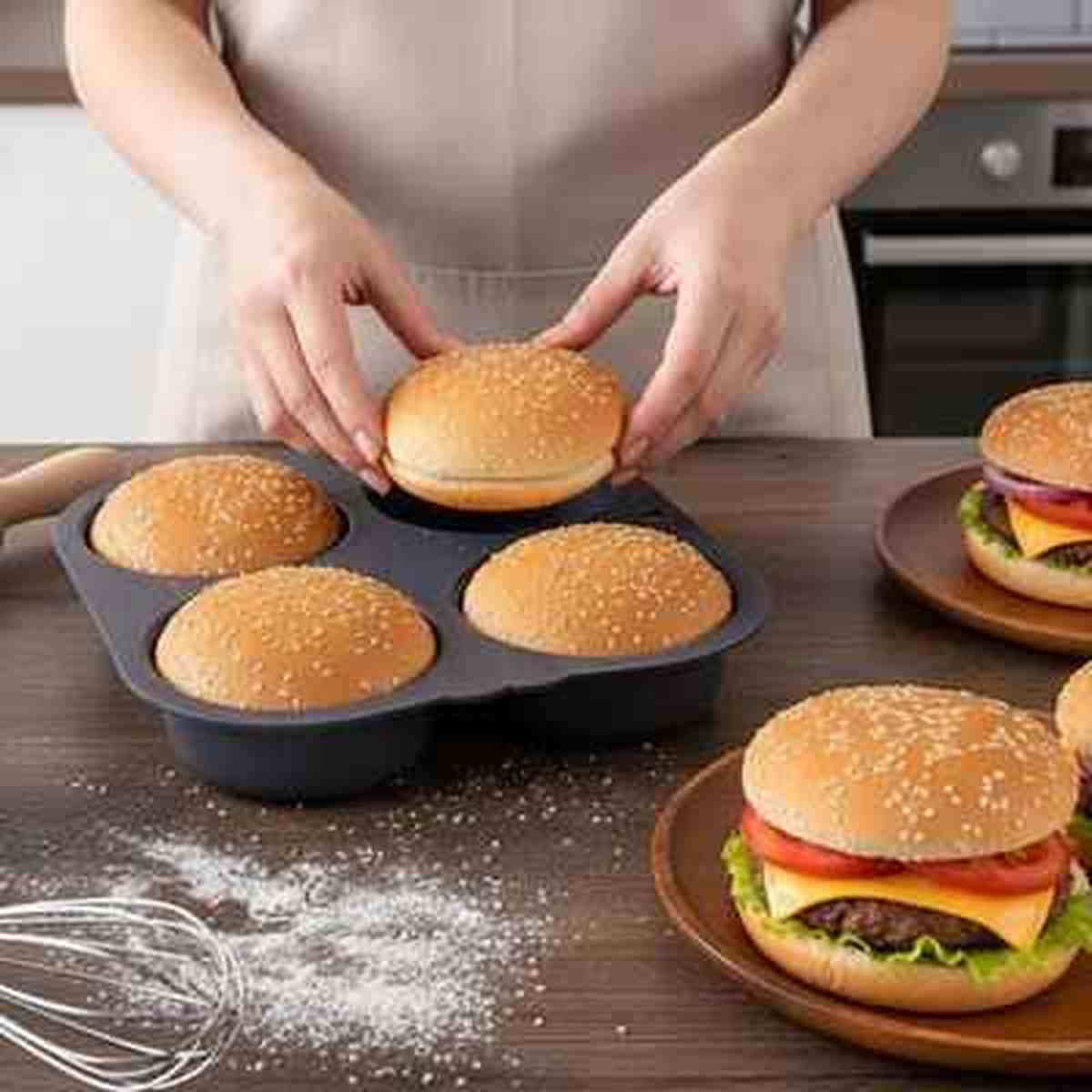 Moule à pains burger en silicone noir avec 6 empreintes rondes, présenté avec des pains dorés faits maison et un burger garni