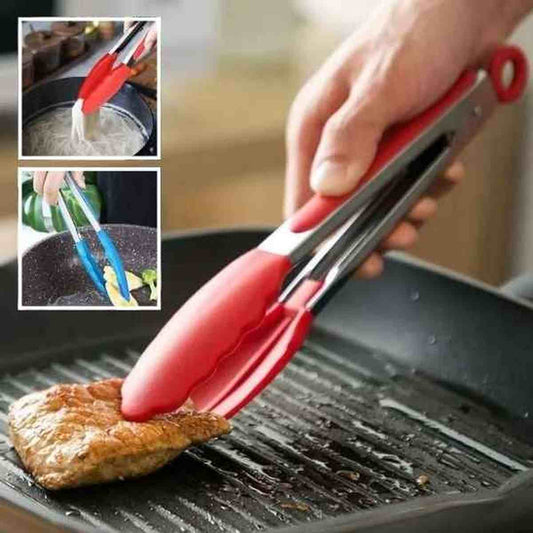 Pince à barbecue robuste en acier inoxydable avec embouts en silicone rouge pour une prise ferme sur les grillades