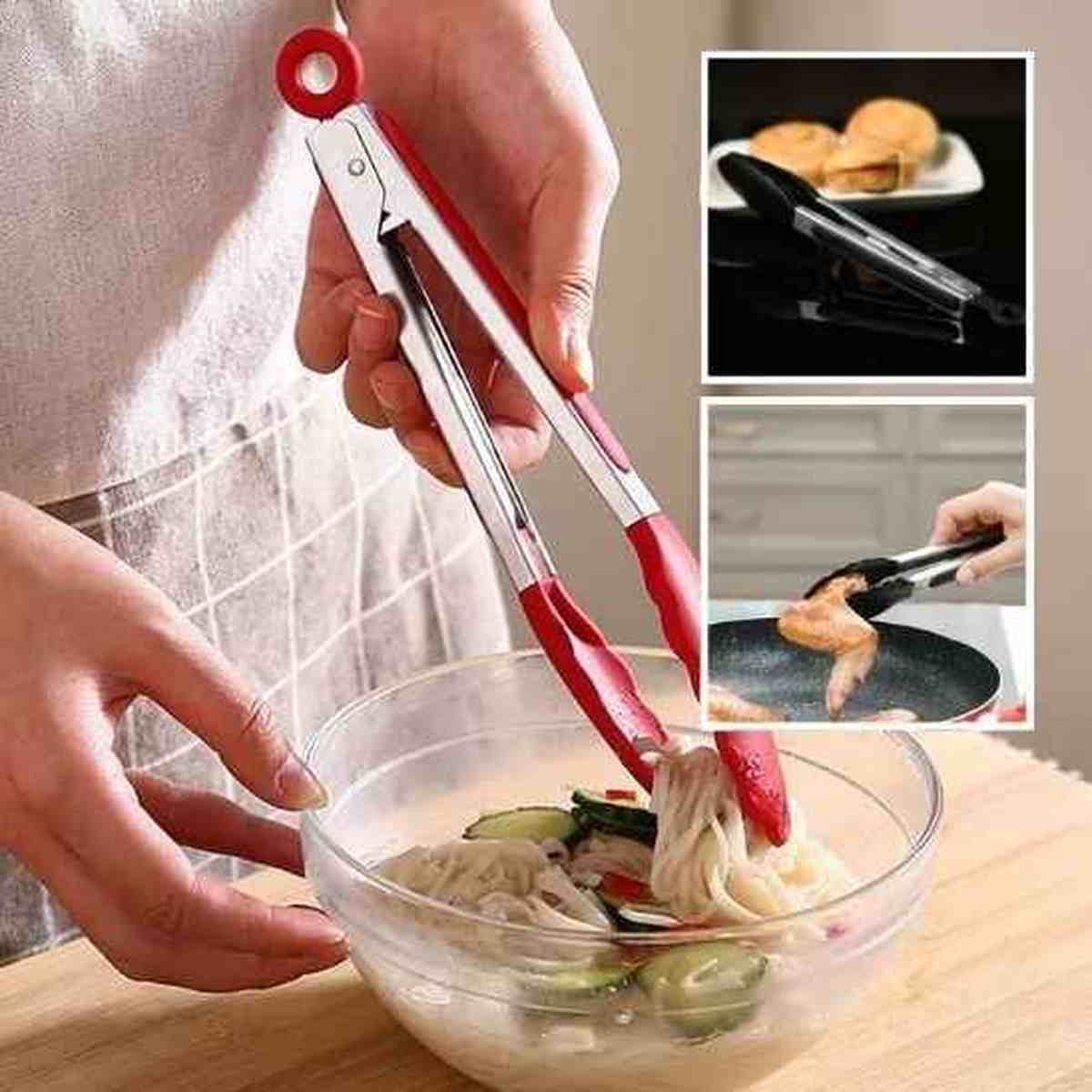 Exemples d'utilisation de la pince de cuisine en silicone : mélanger des pâtes dans un bol et retourner des aliments dans une poêle