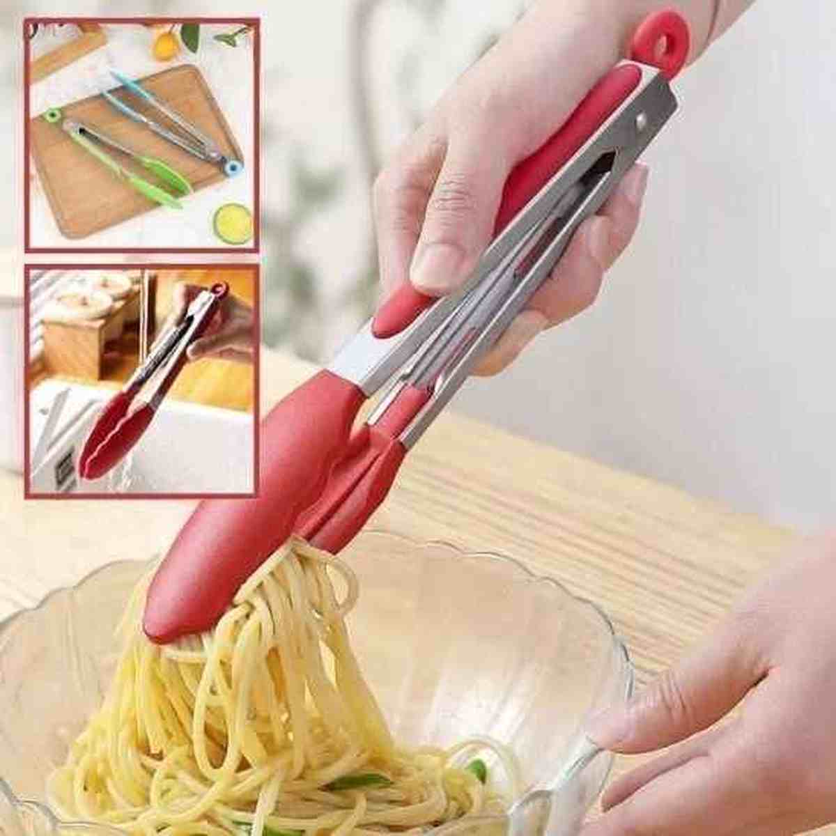 Pince de cuisine en silicone rouge servant des spaghettis dans un bol, illustrant la prise antidérapante et la polyvalence des couleurs.