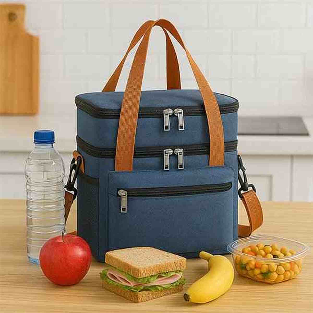 Sac isotherme bleu OrganiFlex avec double étage de rangement, posé sur une table avec un sandwich, une banane et une bouteille d'eau.