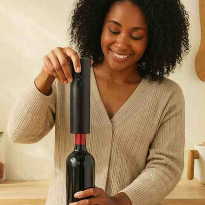 Utilisation du tire-bouchon électrique noir sur une bouteille de vin, design ergonomique et moderne.