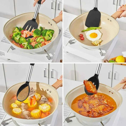 Gros plan sur les manches ergonomiques en acier inox brossé avec anneaux de suspension pour un rangement facile.